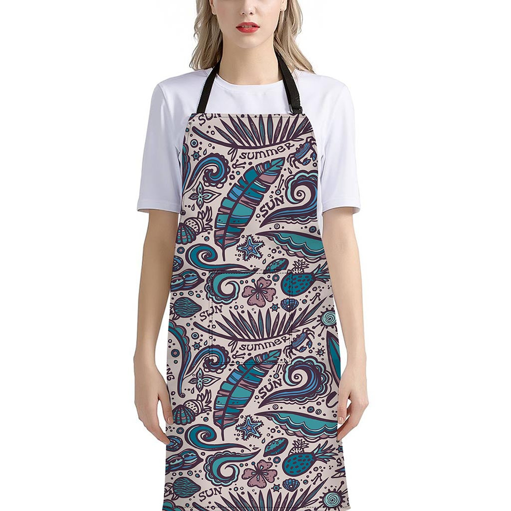 Summer Surfing Pattern Print Bib Apron With Pocket