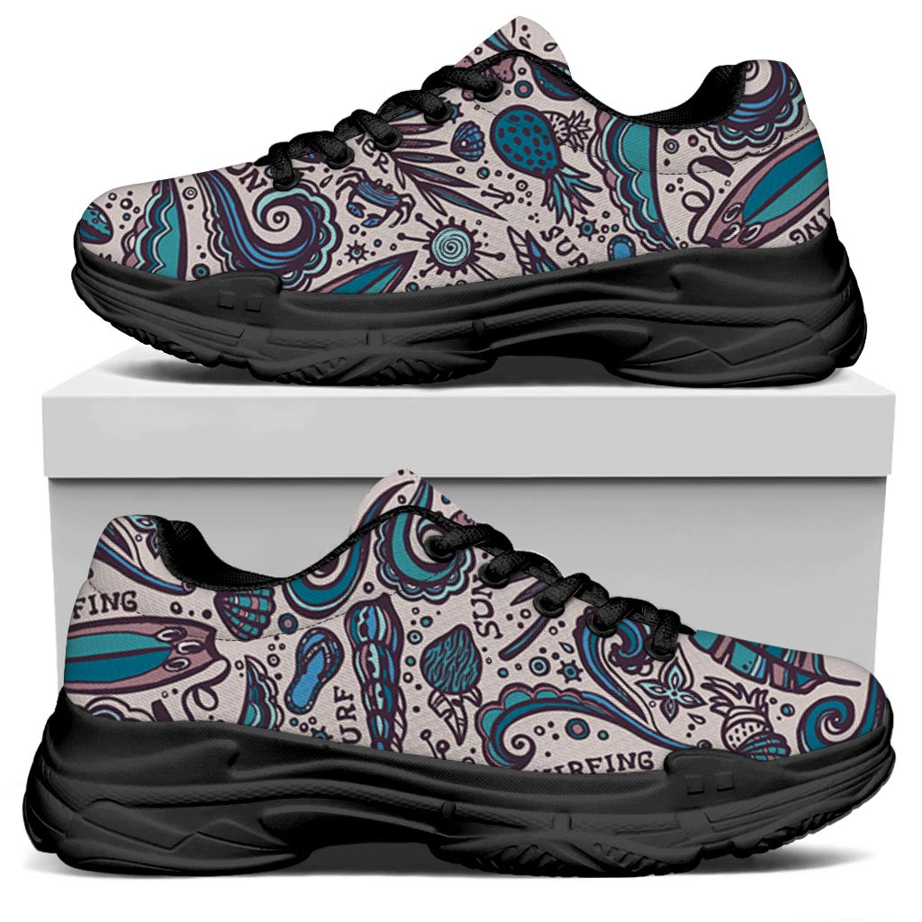 Summer Surfing Pattern Print Black Chunky Shoes