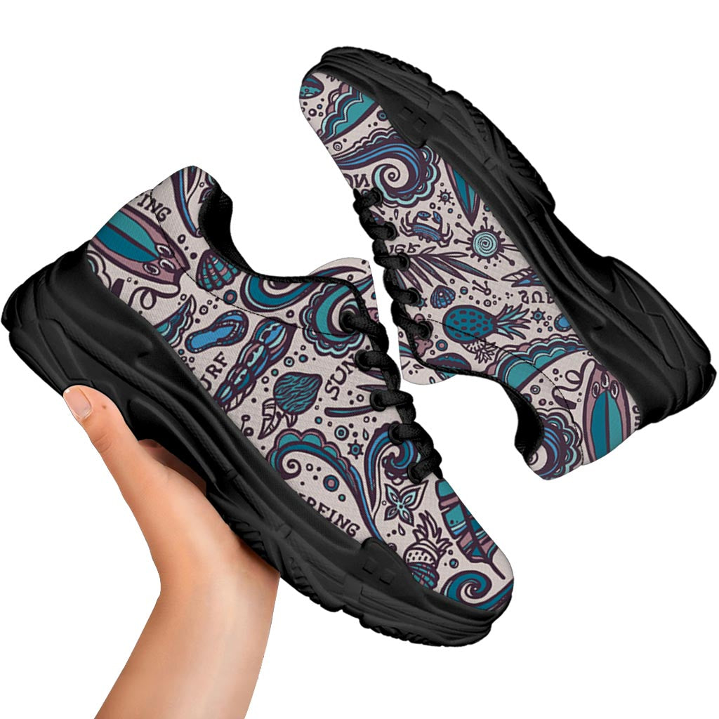 Summer Surfing Pattern Print Black Chunky Shoes