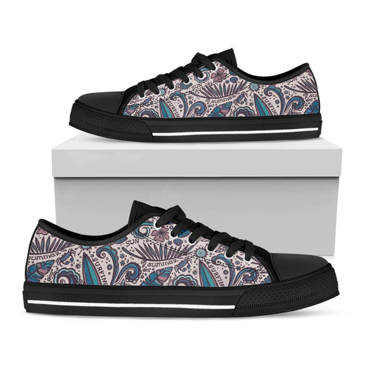 Summer Surfing Pattern Print Black Low Top Sneakers