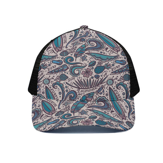 Summer Surfing Pattern Print Black Mesh Trucker Cap