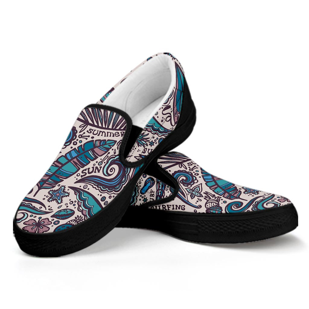 Summer Surfing Pattern Print Black Slip On Sneakers