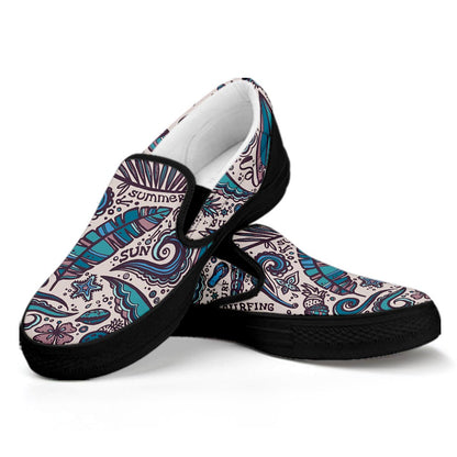 Summer Surfing Pattern Print Black Slip On Sneakers