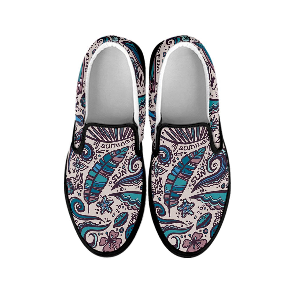 Summer Surfing Pattern Print Black Slip On Sneakers