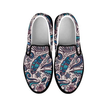 Summer Surfing Pattern Print Black Slip On Sneakers