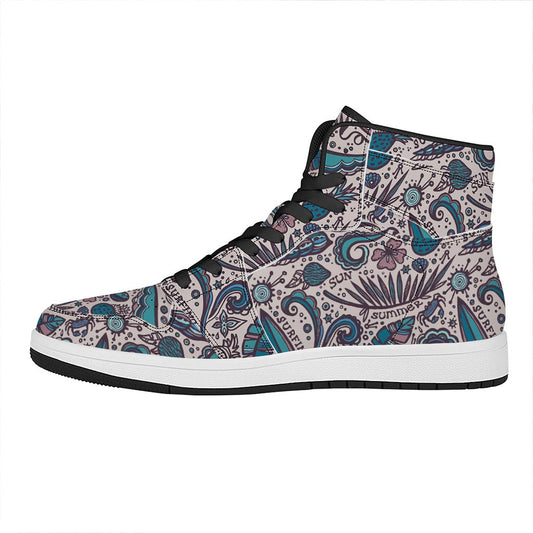Summer Surfing Pattern Print High Top Leather Sneakers