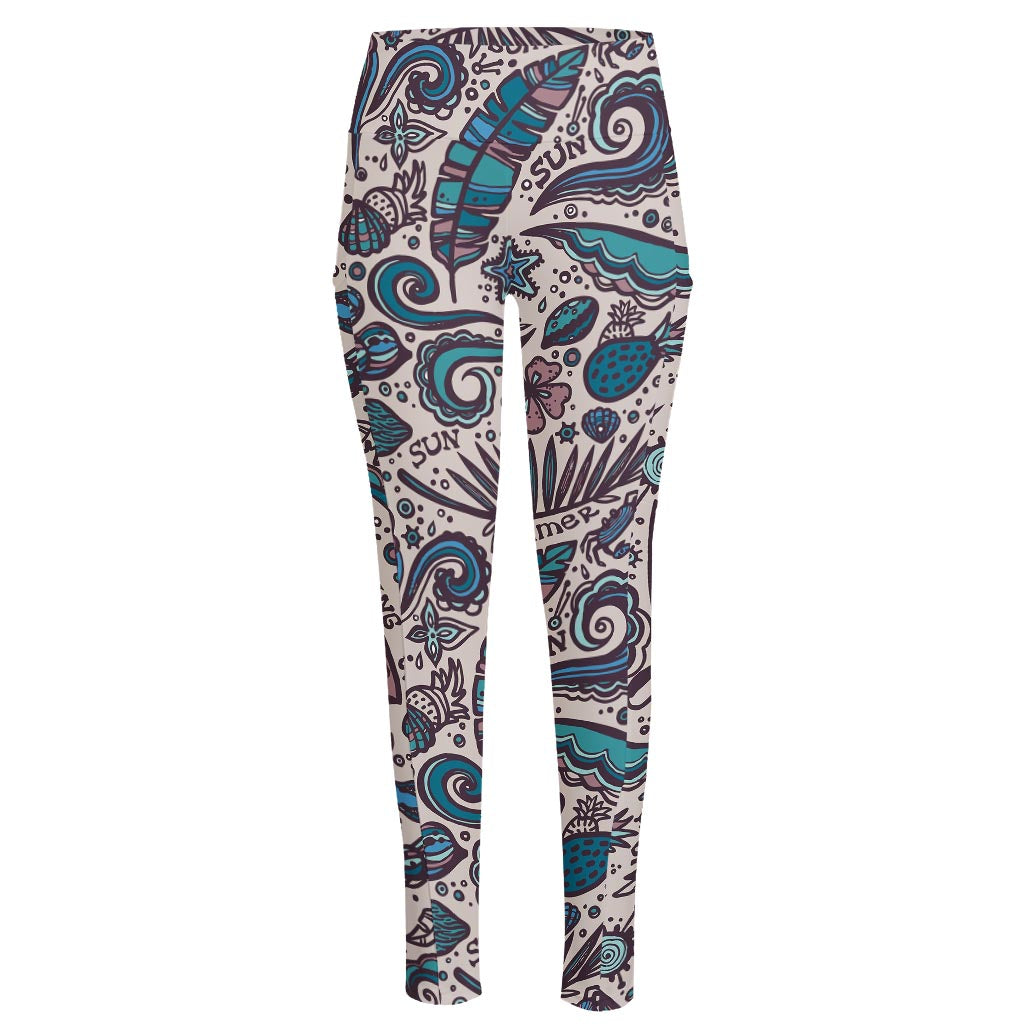 Summer Surfing Pattern Print High-Waisted Pocket Leggings