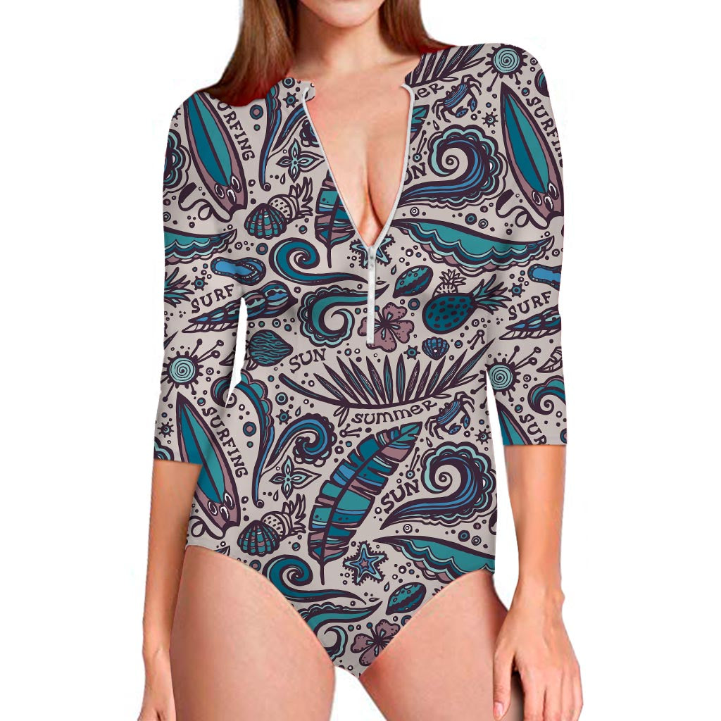 Summer Surfing Pattern Print Long Sleeve Swimsuit
