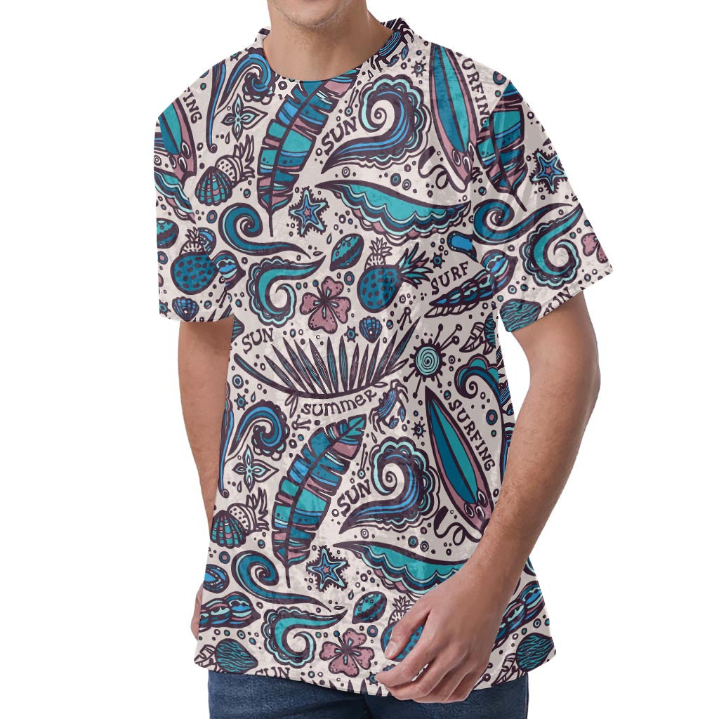 Summer Surfing Pattern Print Men's Velvet T-Shirt