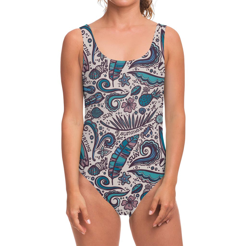 Summer Surfing Pattern Print One Piece Swimsuit
