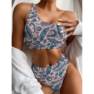 Summer Surfing Pattern Print One Shoulder Bikini Top