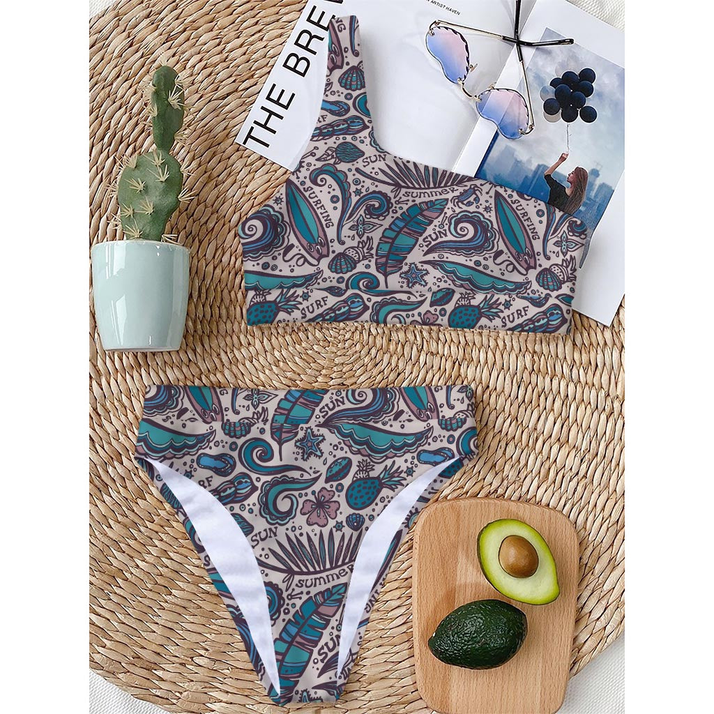 Summer Surfing Pattern Print One Shoulder Bikini Top