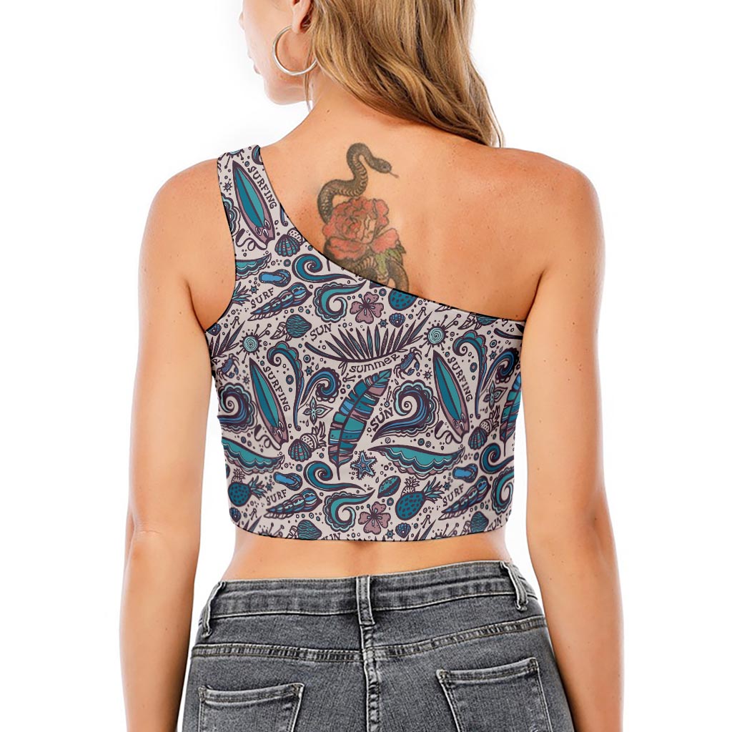 Summer Surfing Pattern Print One Shoulder Crop Top