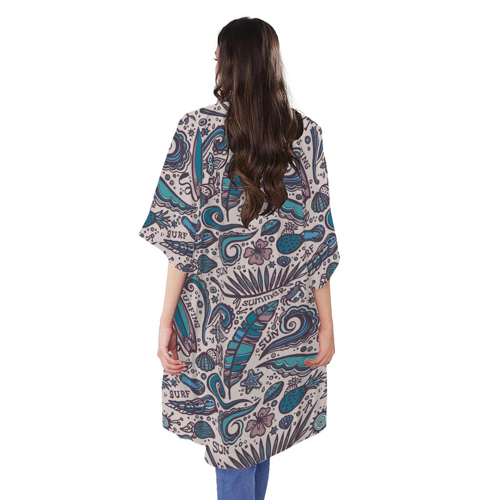 Summer Surfing Pattern Print Open Front Beach Cover Up