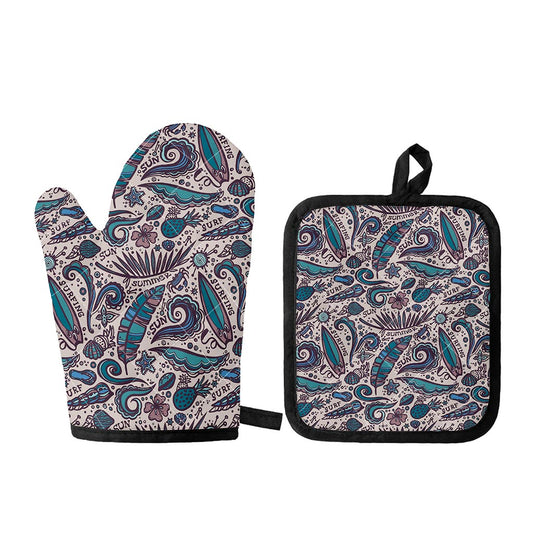 Summer Surfing Pattern Print Oven Mitt And Pot Holder Set