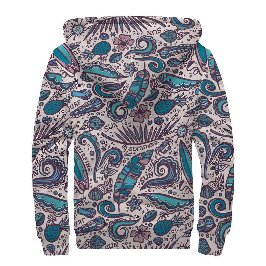 Summer Surfing Pattern Print Sherpa Lined Zip Up Hoodie