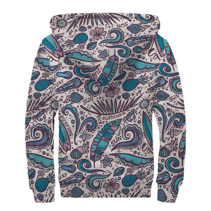 Summer Surfing Pattern Print Sherpa Lined Zip Up Hoodie