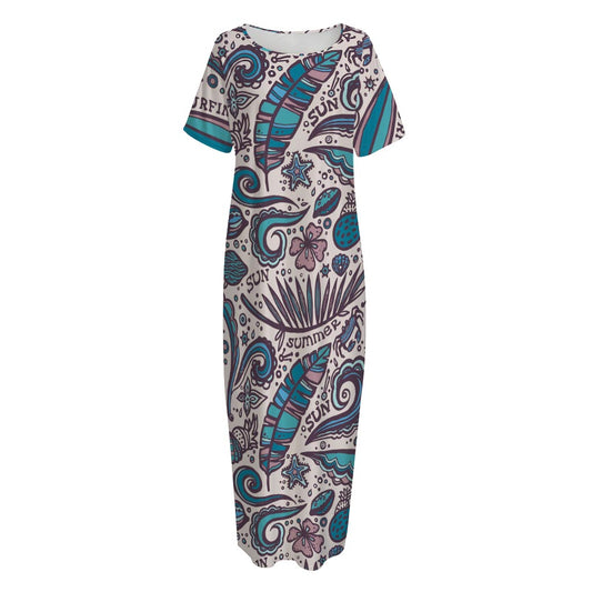 Summer Surfing Pattern Print Short Sleeve Long Nightdress
