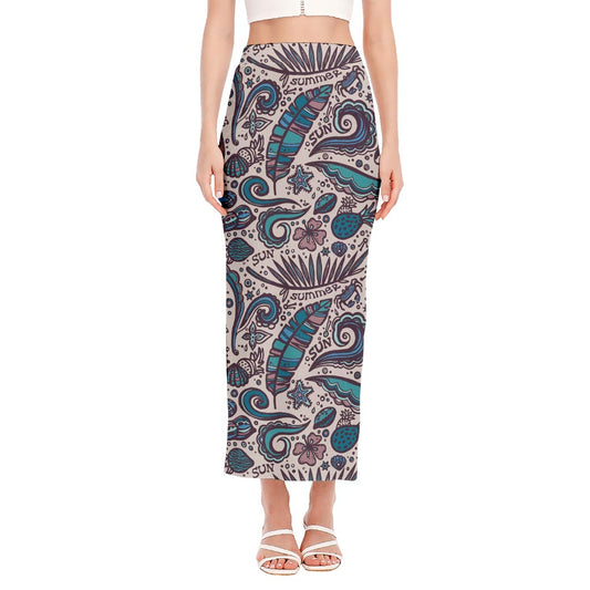 Summer Surfing Pattern Print Side Slit Maxi Skirt