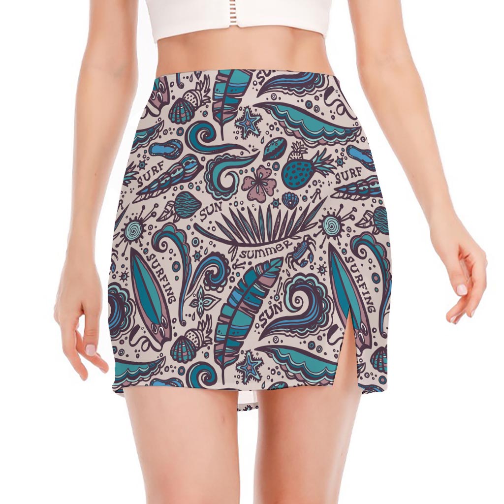 Summer Surfing Pattern Print Side Slit Mini Skirt