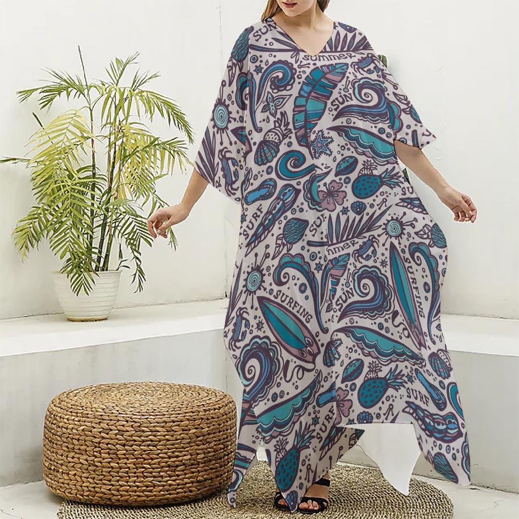 Summer Surfing Pattern Print Silk V-Neck Kaftan Dress