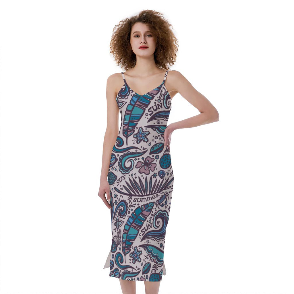 Summer Surfing Pattern Print Slim Fit Midi Cami Dress