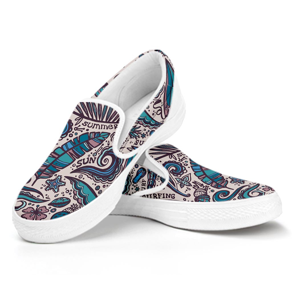 Summer Surfing Pattern Print White Slip On Sneakers