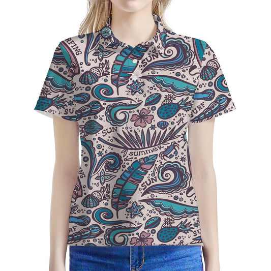 Summer Surfing Pattern Print Women's Polo Shirt