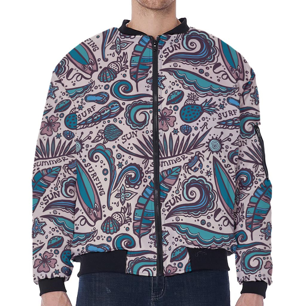 Summer Surfing Pattern Print Zip Sleeve Bomber Jacket