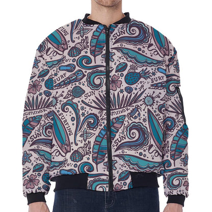 Summer Surfing Pattern Print Zip Sleeve Bomber Jacket