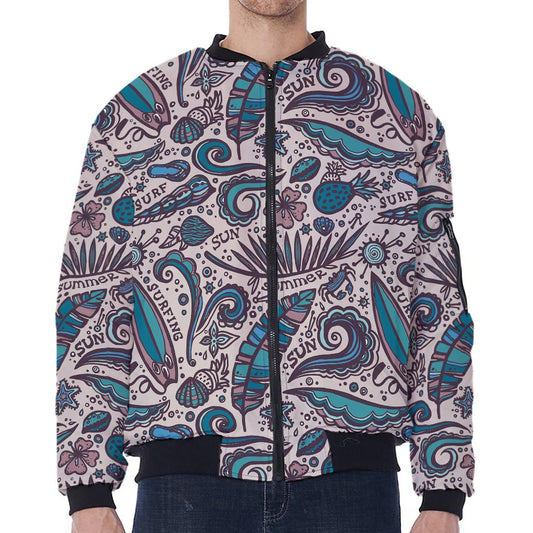 Summer Surfing Pattern Print Zip Sleeve Bomber Jacket