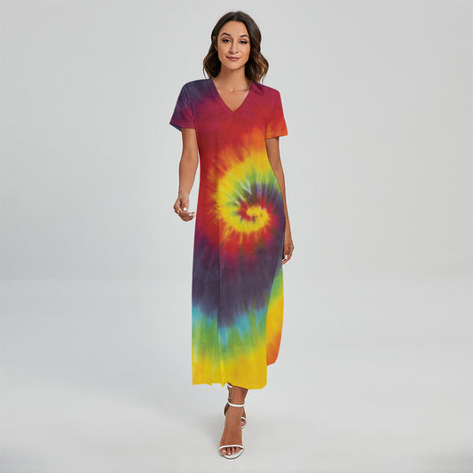 Summer Tie Dye Print Short Sleeve Maxi Dress