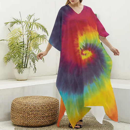 Summer Tie Dye Print Silk V-Neck Kaftan Dress