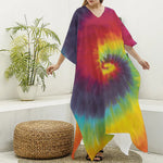 Summer Tie Dye Print Silk V-Neck Kaftan Dress