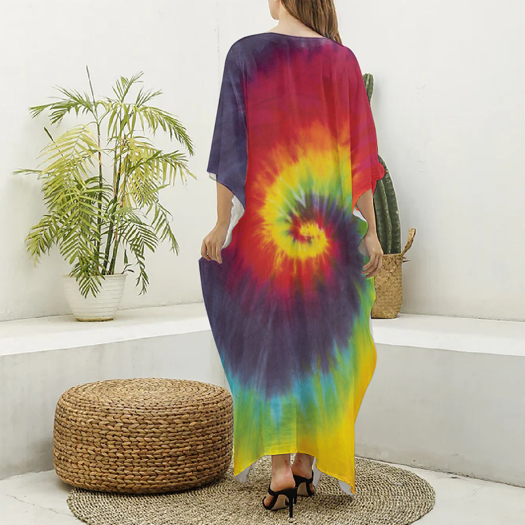 Summer Tie Dye Print Silk V-Neck Kaftan Dress