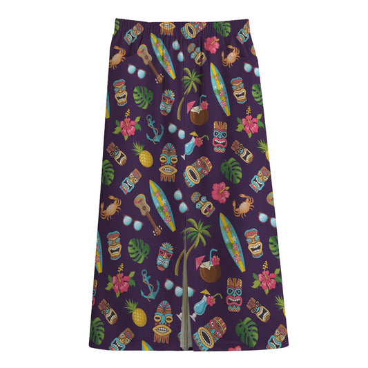Summer Totem Pattern Print Cotton Front Slit Maxi Skirt