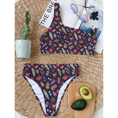 Summer Totem Pattern Print One Shoulder Bikini Top