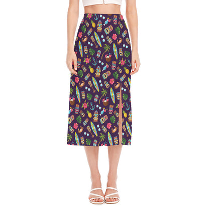 Summer Totem Pattern Print Side Slit Midi Skirt