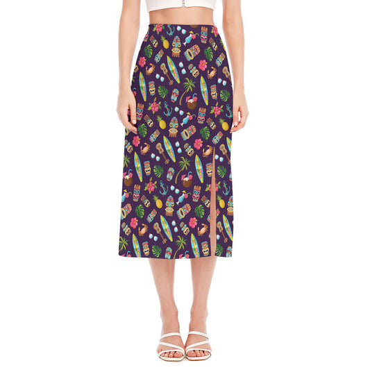 Summer Totem Pattern Print Side Slit Midi Skirt
