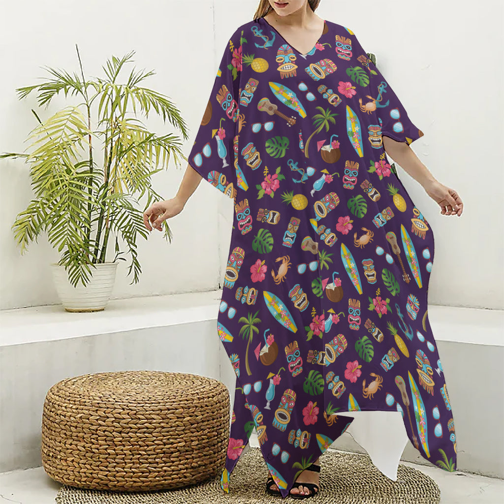 Summer Totem Pattern Print Silk V-Neck Kaftan Dress