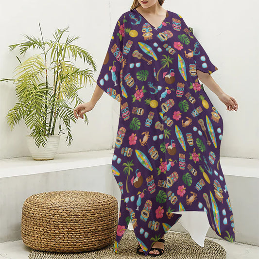 Summer Totem Pattern Print Silk V-Neck Kaftan Dress