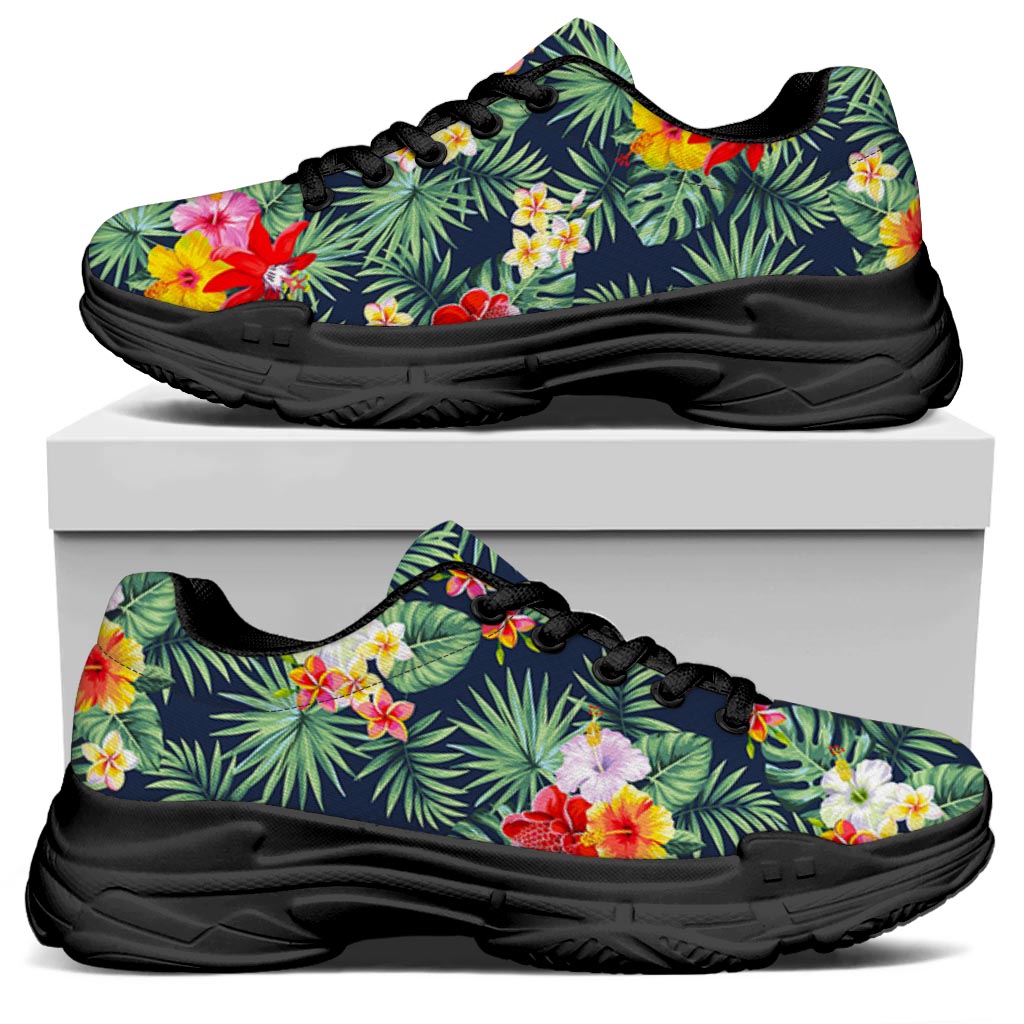 Summer Tropical Hawaii Pattern Print Black Chunky Shoes