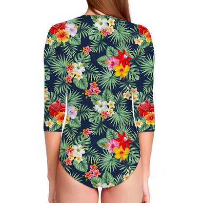 Summer Tropical Hawaii Pattern Print Long Sleeve Swimsuit