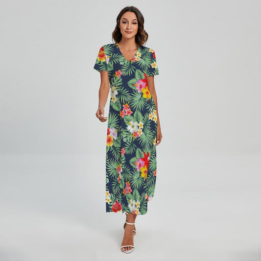 Summer Tropical Hawaii Pattern Print Short Sleeve Maxi Dress