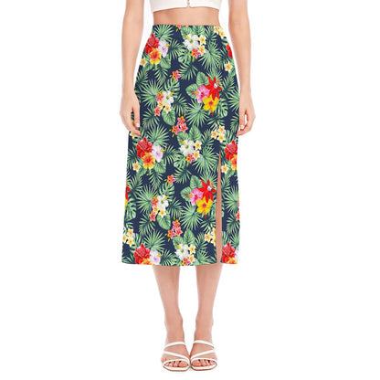 Summer Tropical Hawaii Pattern Print Side Slit Midi Skirt