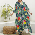Summer Tropical Hawaii Pattern Print Silk V-Neck Kaftan Dress