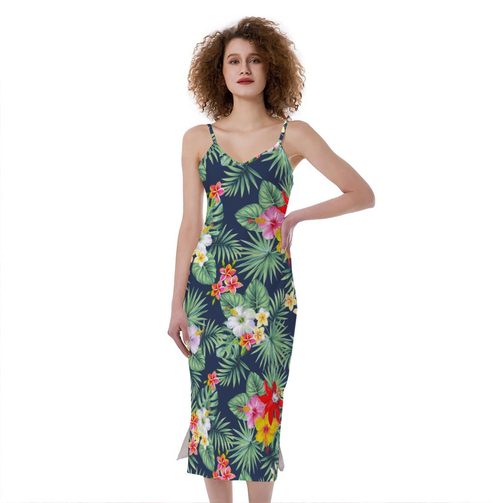 Summer Tropical Hawaii Pattern Print Slim Fit Midi Cami Dress