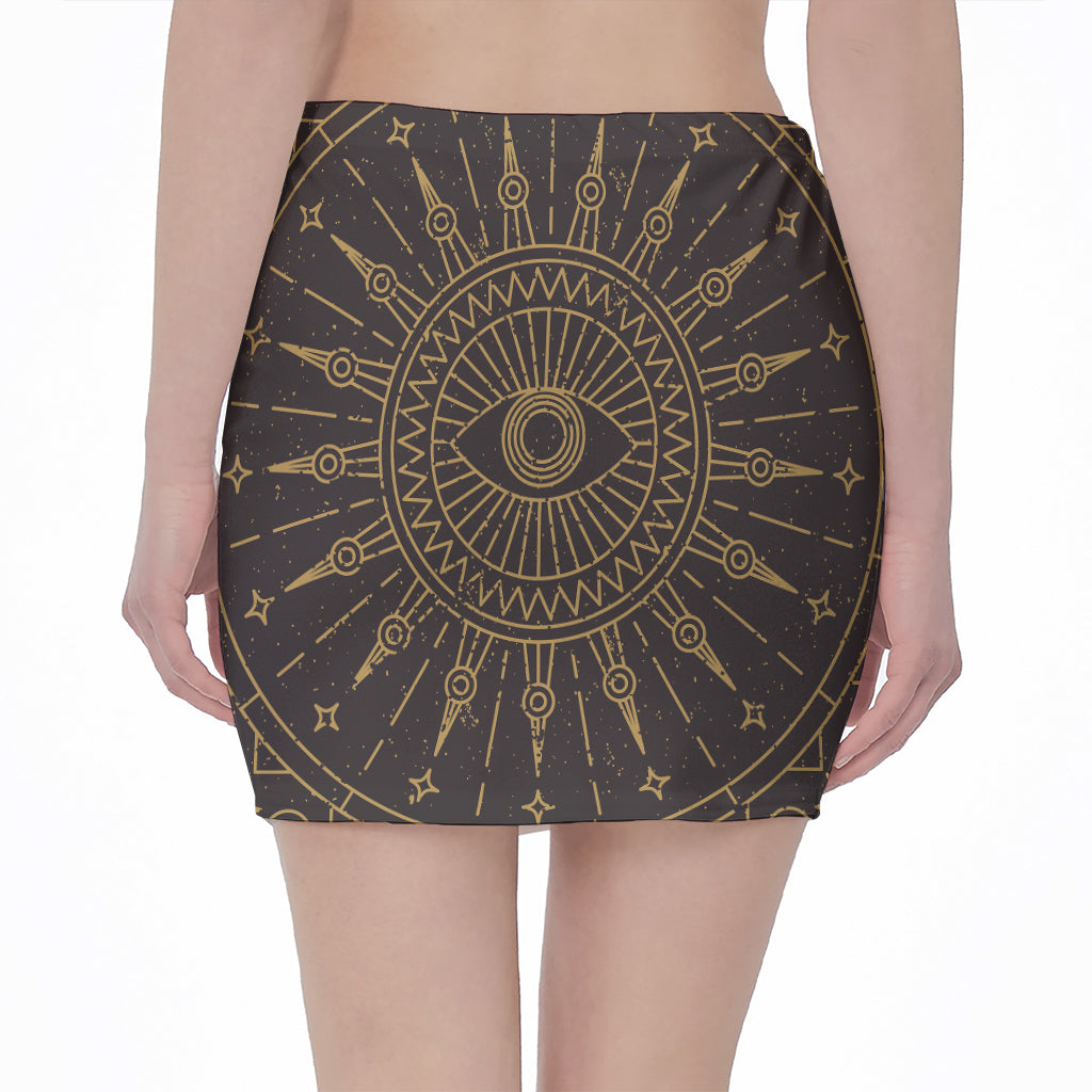 Sun All Seeing Eye Print Pencil Mini Skirt