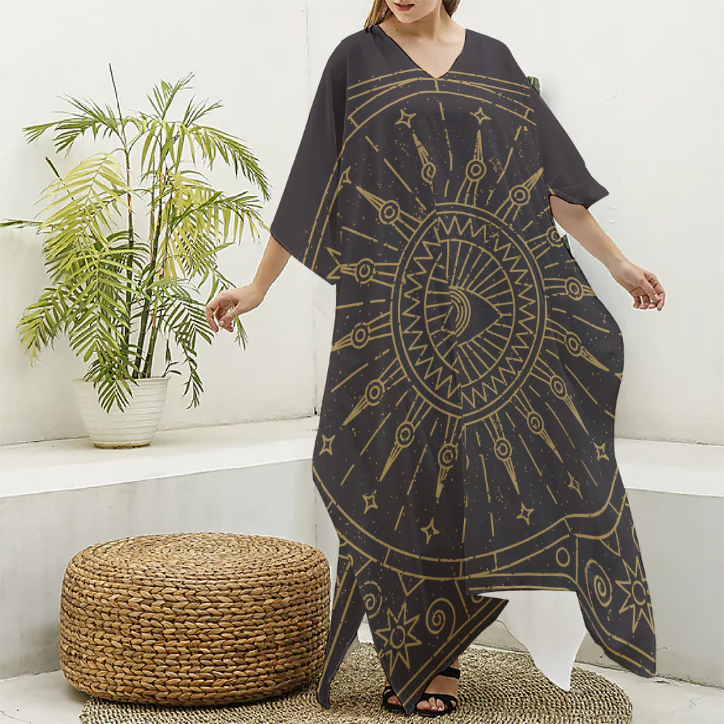 Sun All Seeing Eye Print Silk V-Neck Kaftan Dress