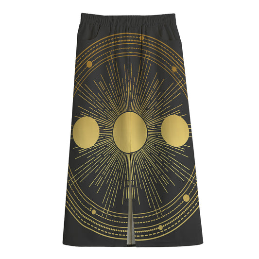Sun And Moon Phase Print Cotton Front Slit Maxi Skirt
